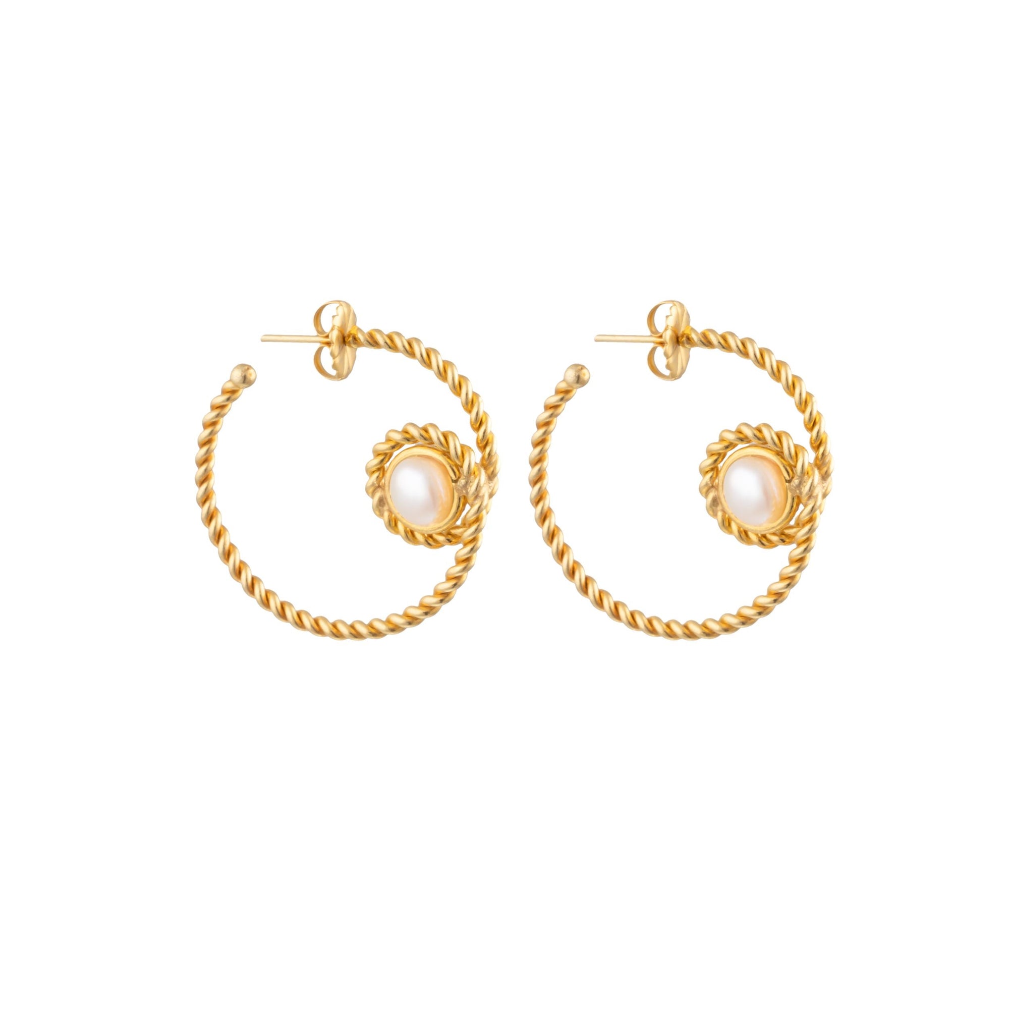 Boucles d'oreilles créoles Spirale Créole dorées à l'or fin et perles - Blanc