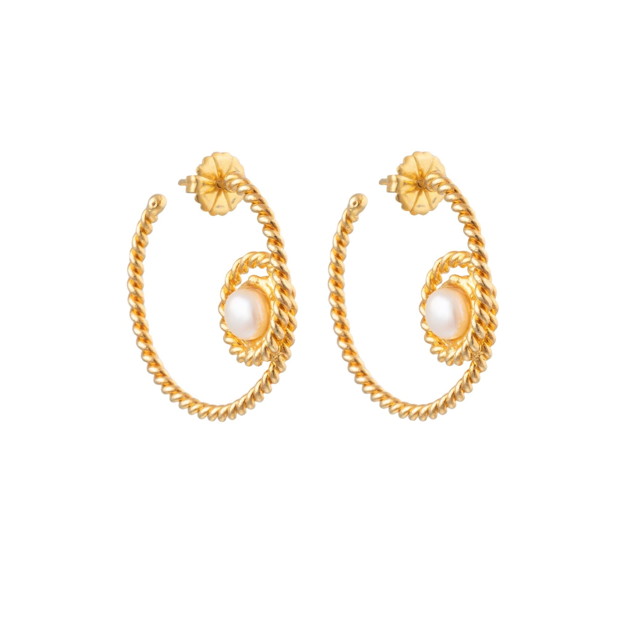 Boucles d'oreilles créoles Spirale Créole dorées à l'or fin et perles - Blanc