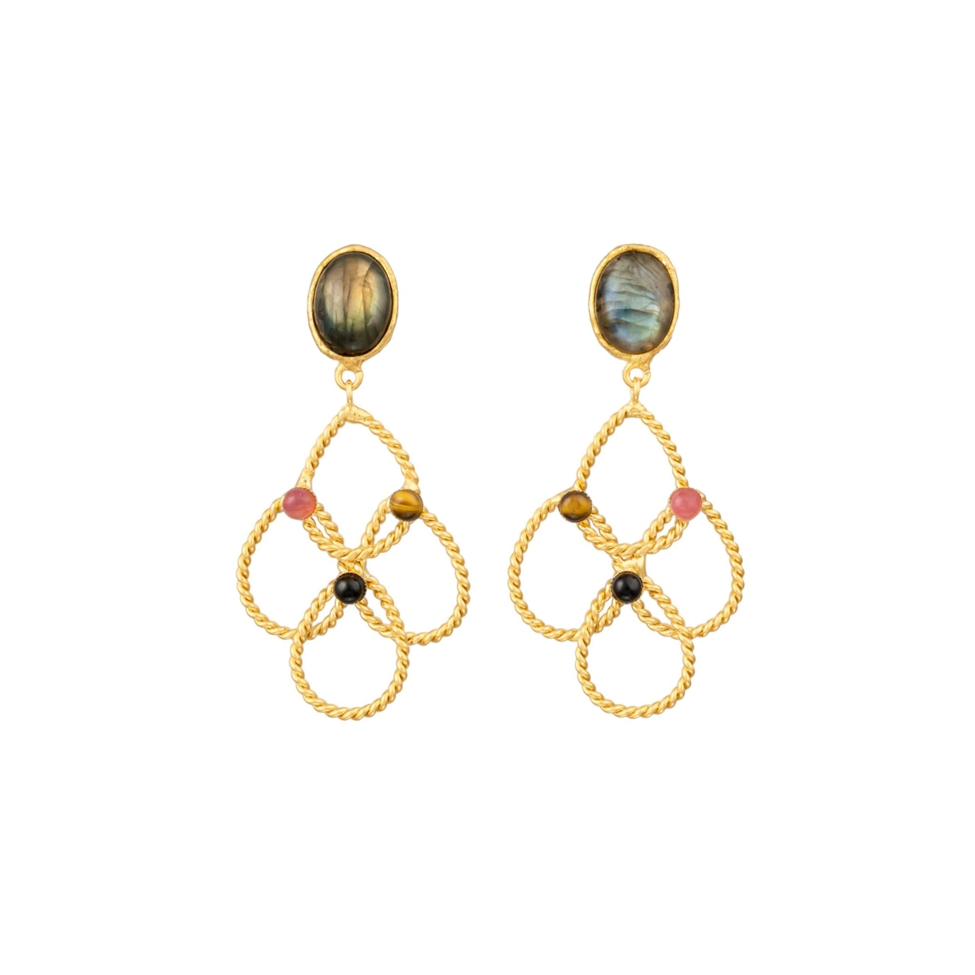 Boucles d'oreilles à clips Arabesque dorées à l'or fin et multipierres - Multicolor