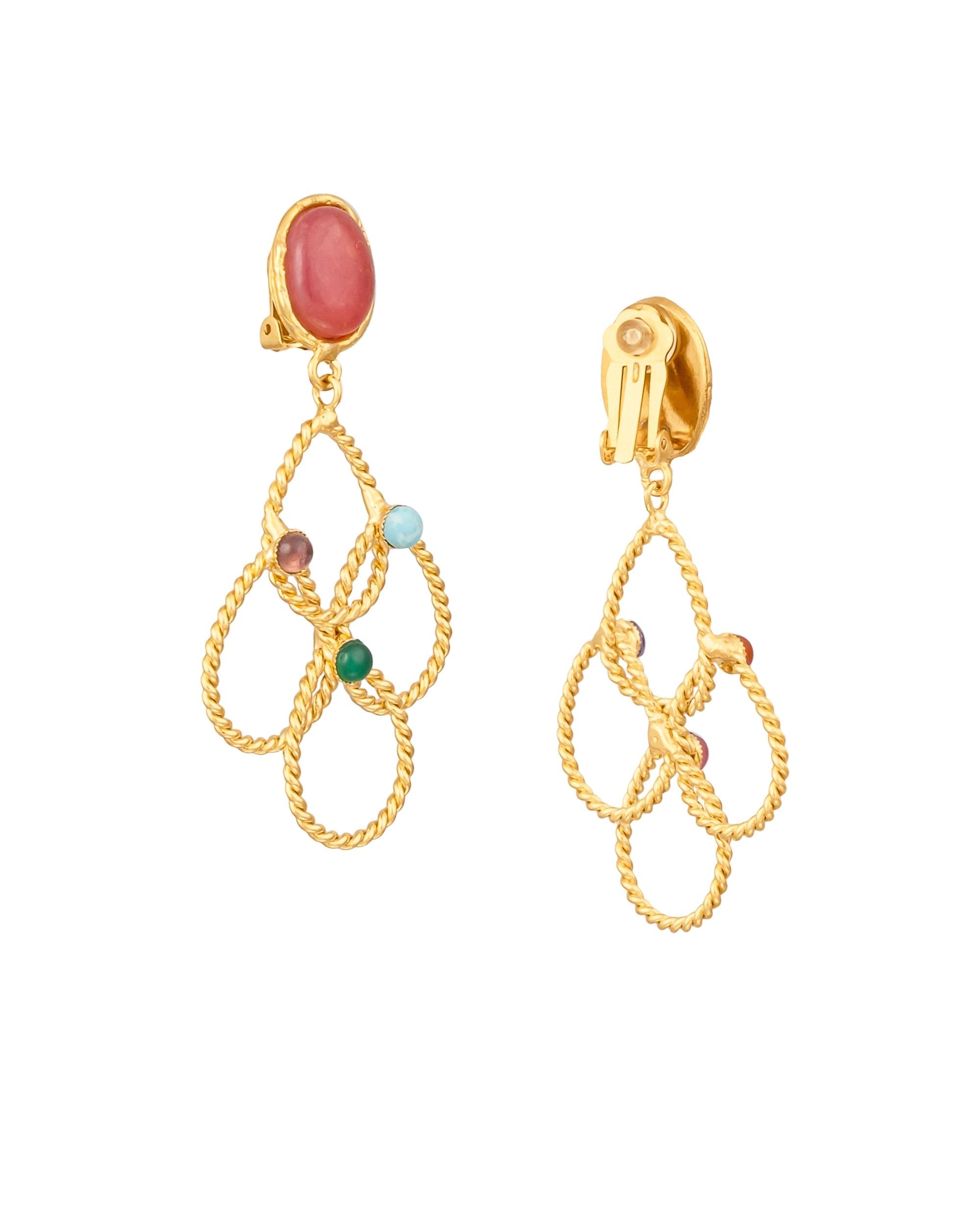 Multi-stone fine gold-plated Arabesque clip-on earrings - Multicolor