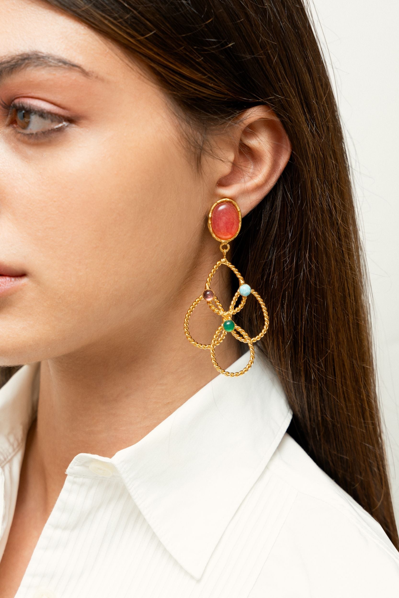 Multi-stone fine gold-plated Arabesque clip-on earrings - Multicolor