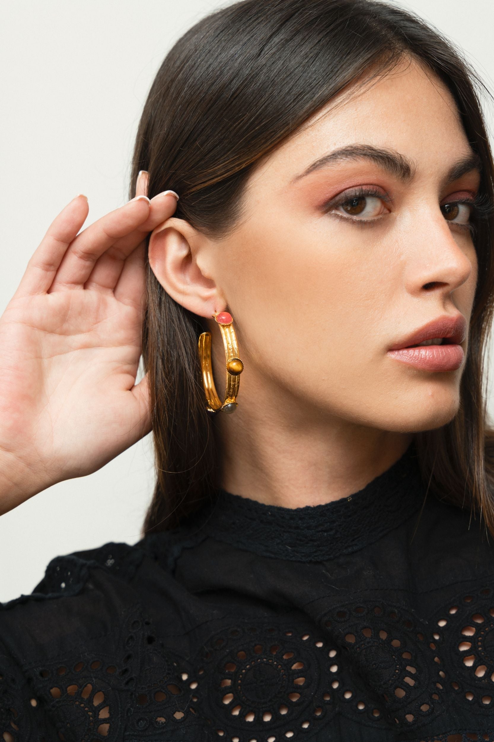 Earrings créoles Liz gilded in fine gold and multi-stones - Multicolor