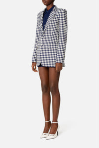 Blazer à motif vichy boutonné en laine mélangée - Nautic Blue & Natural White