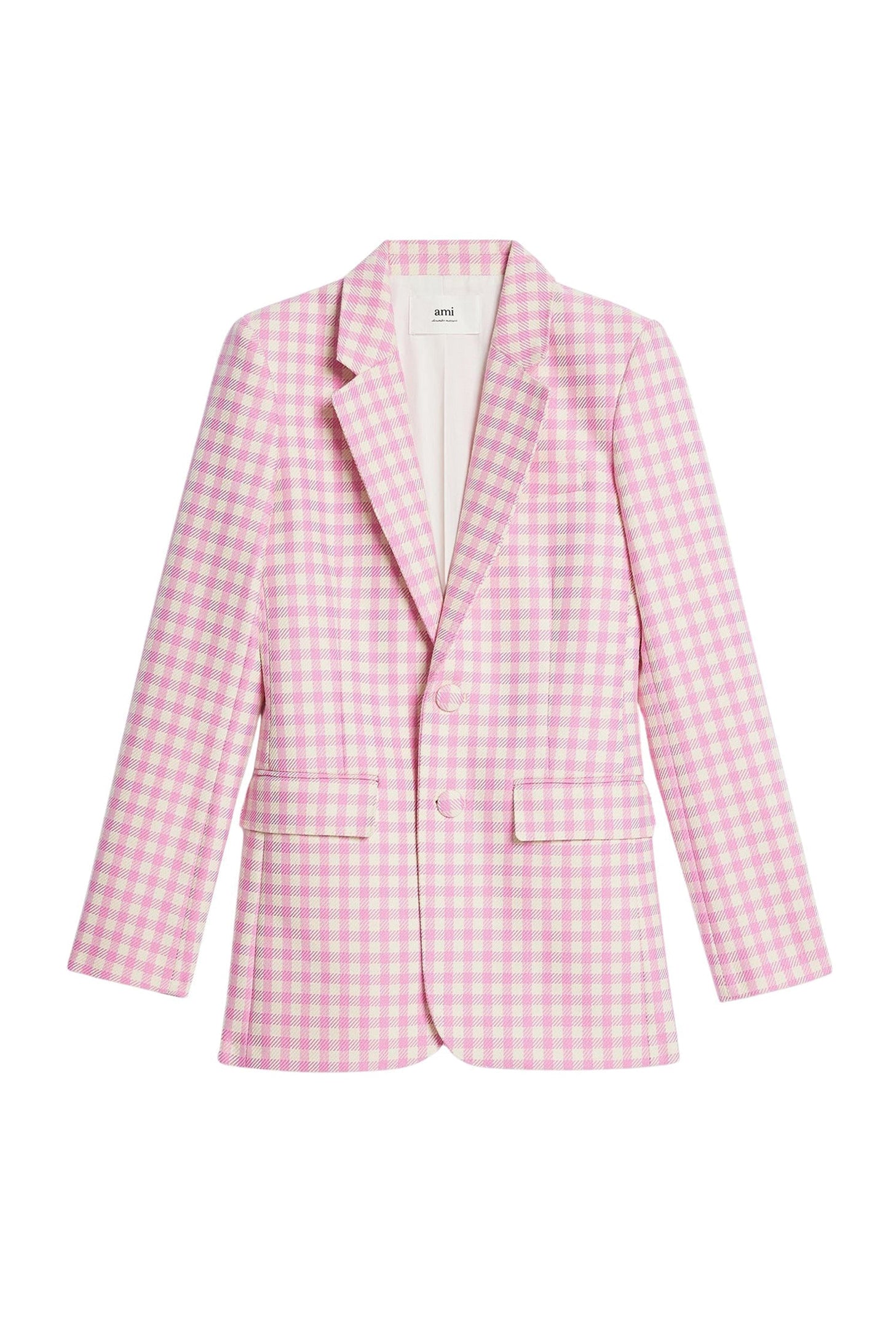 Blazer à motif vichy boutonné en laine mélangée - Candy Pink & Natural White