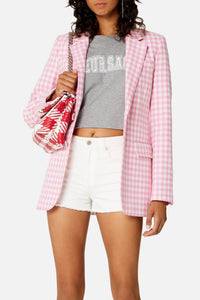 Blazer à motif vichy boutonné en laine mélangée - Candy Pink & Natural White