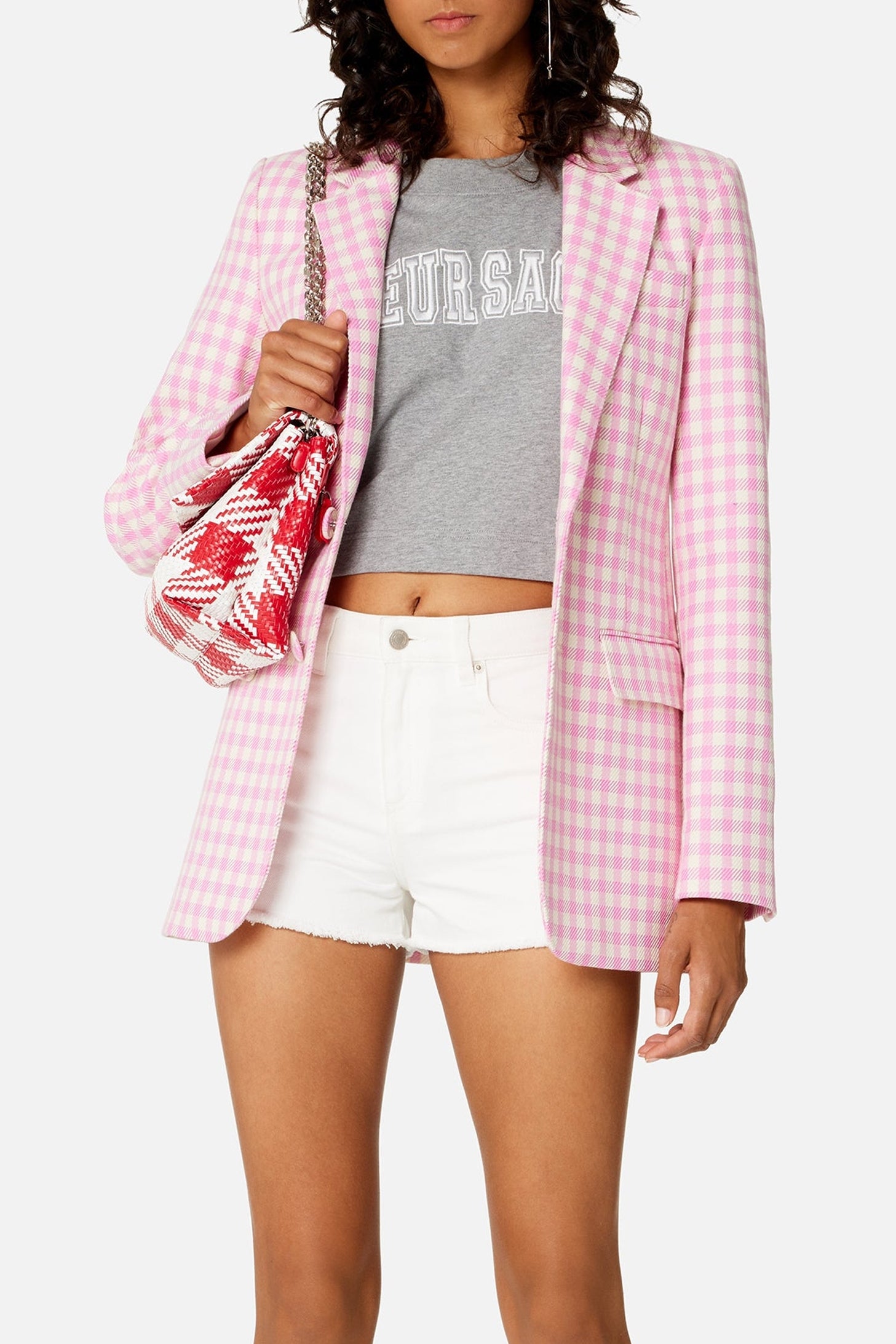 Blazer à motif vichy boutonné en laine mélangée - Candy Pink & Natural White