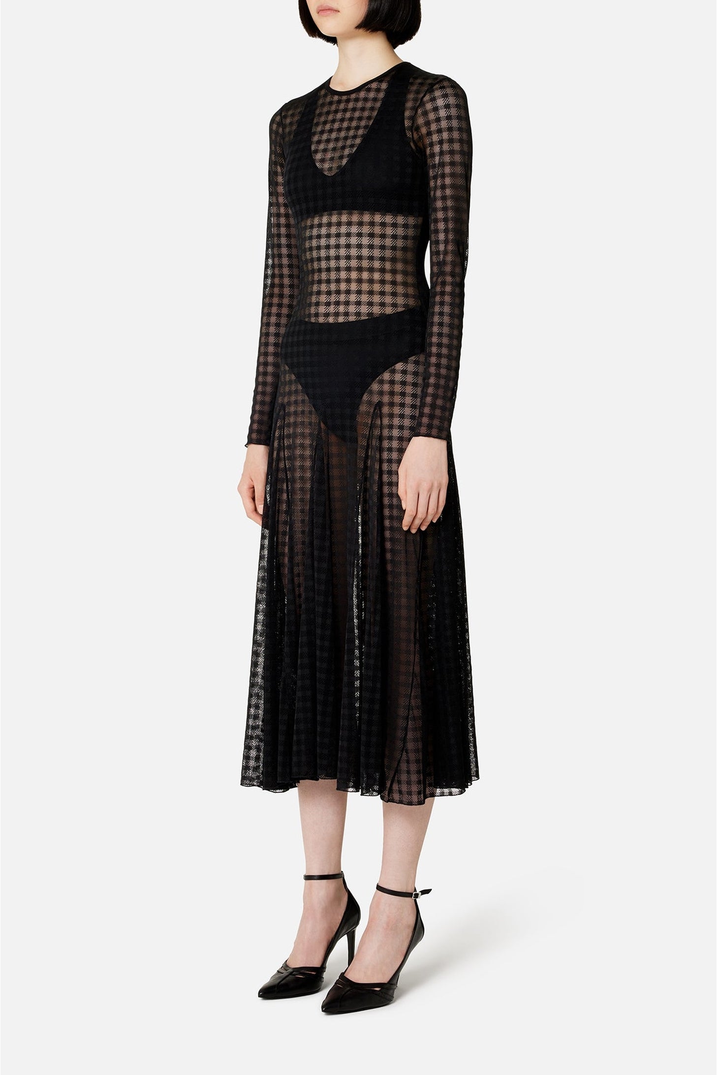 Robe midi à motif vichy en dentelle - Black