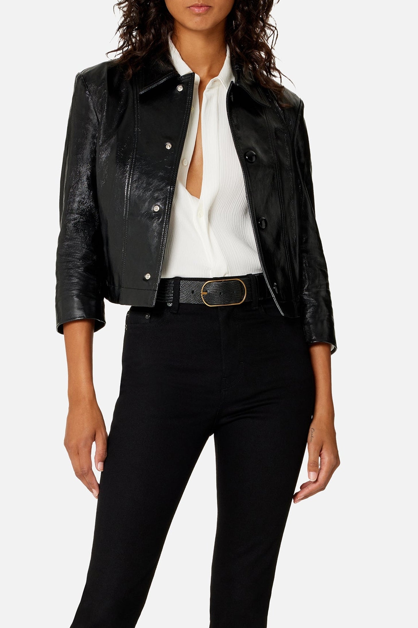 Veste courte boutonnée en cuir - Black