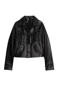 Veste boutonnée à franges en cuir - Black