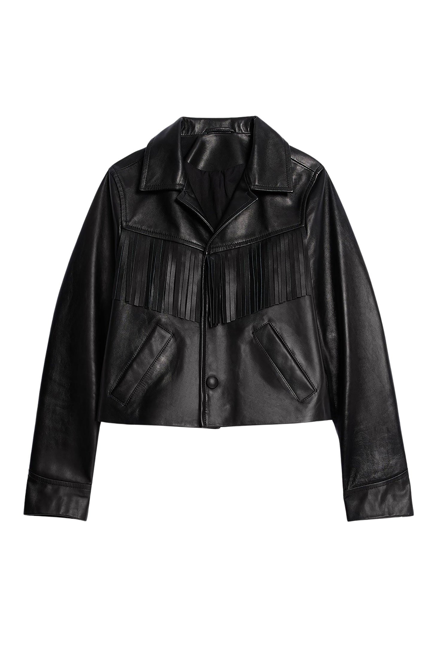 Veste boutonnée à franges en cuir - Black