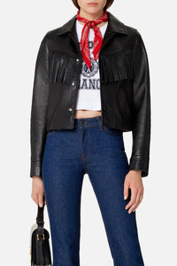 Veste boutonnée à franges en cuir - Black