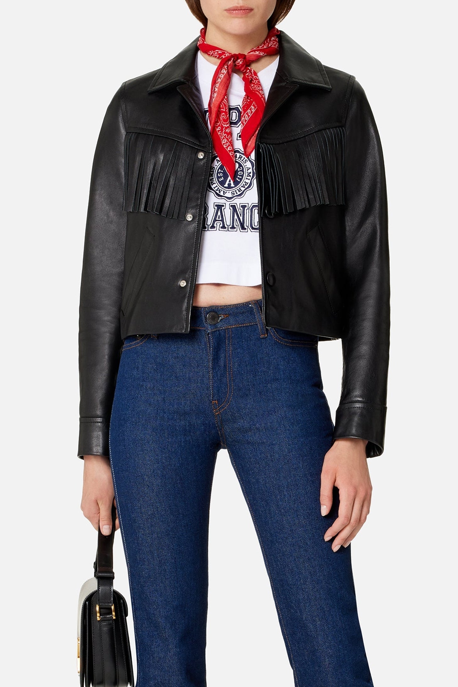 Veste boutonnée à franges en cuir - Black