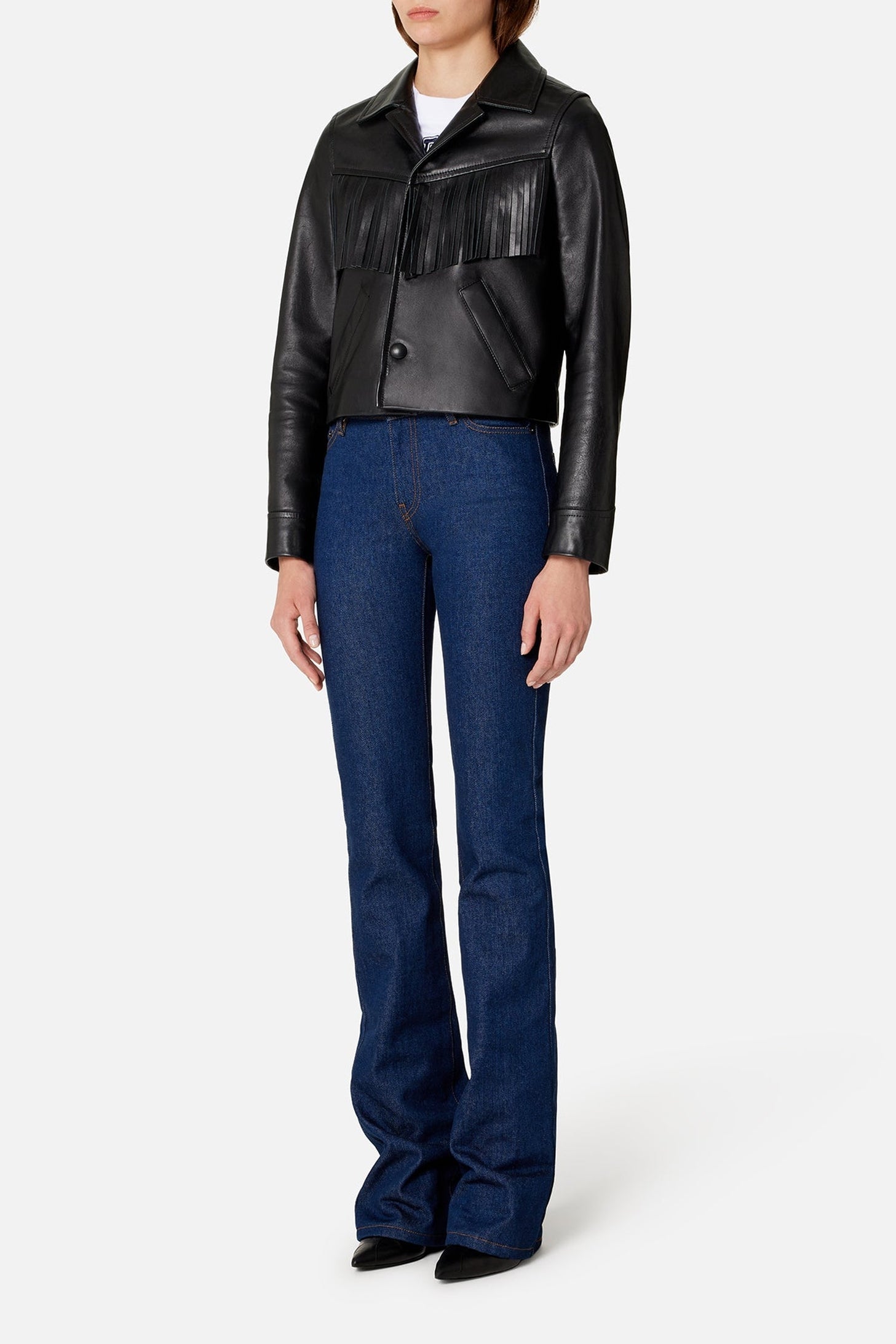 Veste boutonnée à franges en cuir - Black