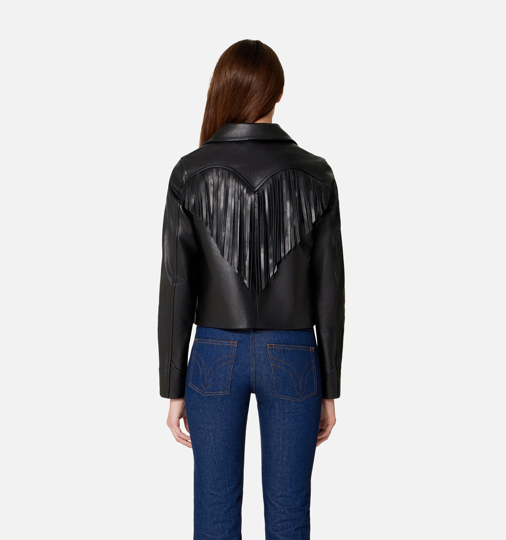 Veste boutonnée à franges en cuir - Black