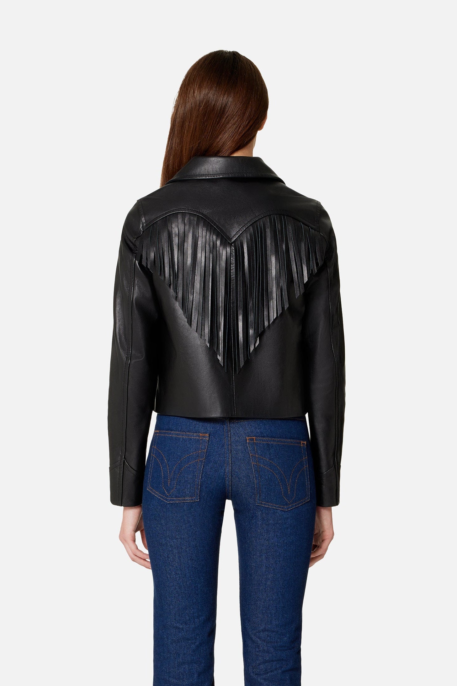 Veste boutonnée à franges en cuir - Black