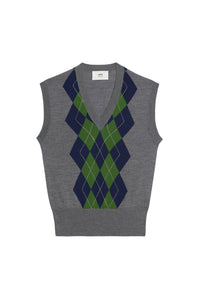 Pull sans manches à motif argyle en laine - Heather Grey & Navy & Green