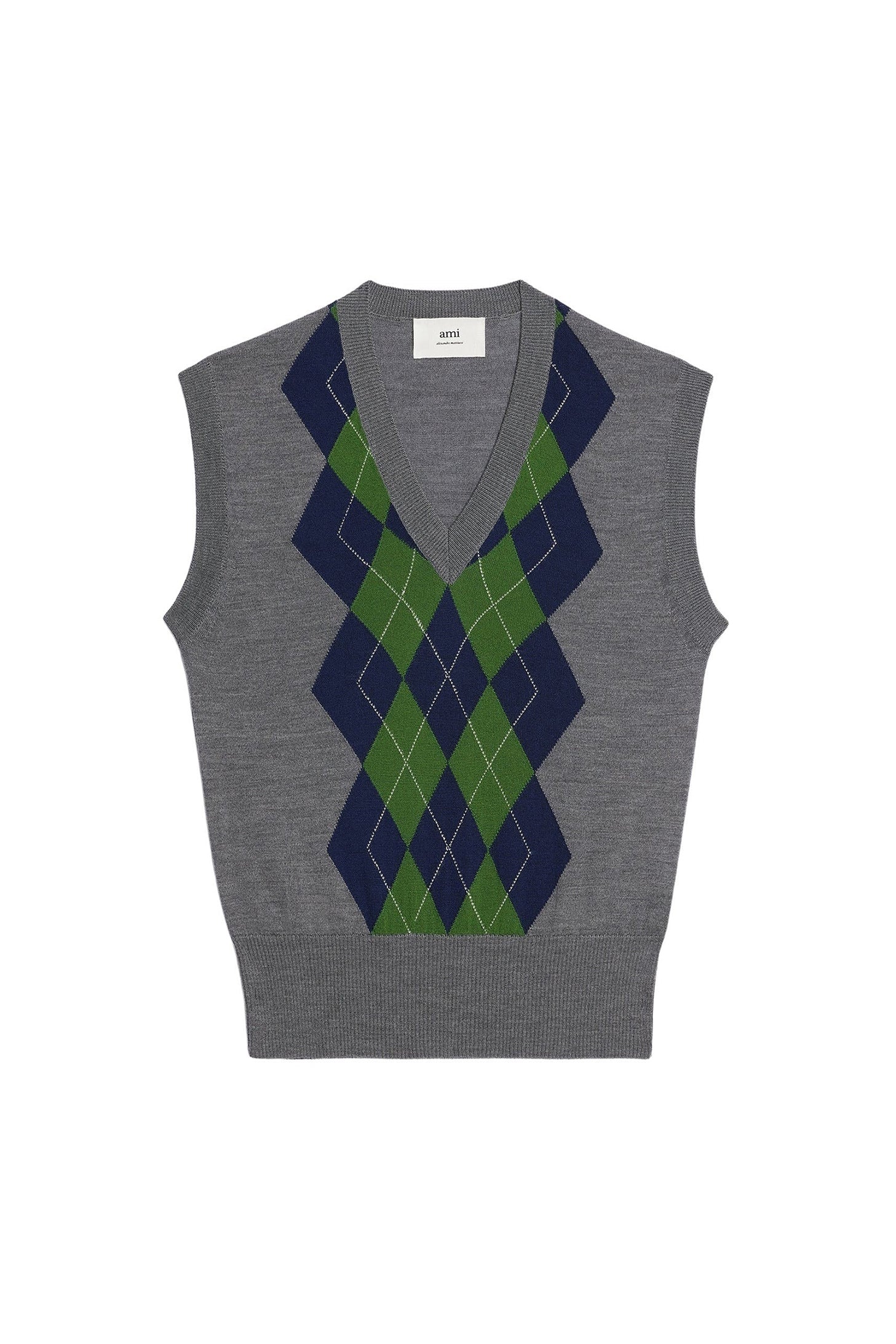 Pull sans manches à motif argyle en laine - Heather Grey & Navy & Green