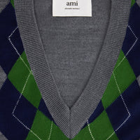 Pull sans manches à motif argyle en laine - Heather Grey & Navy & Green