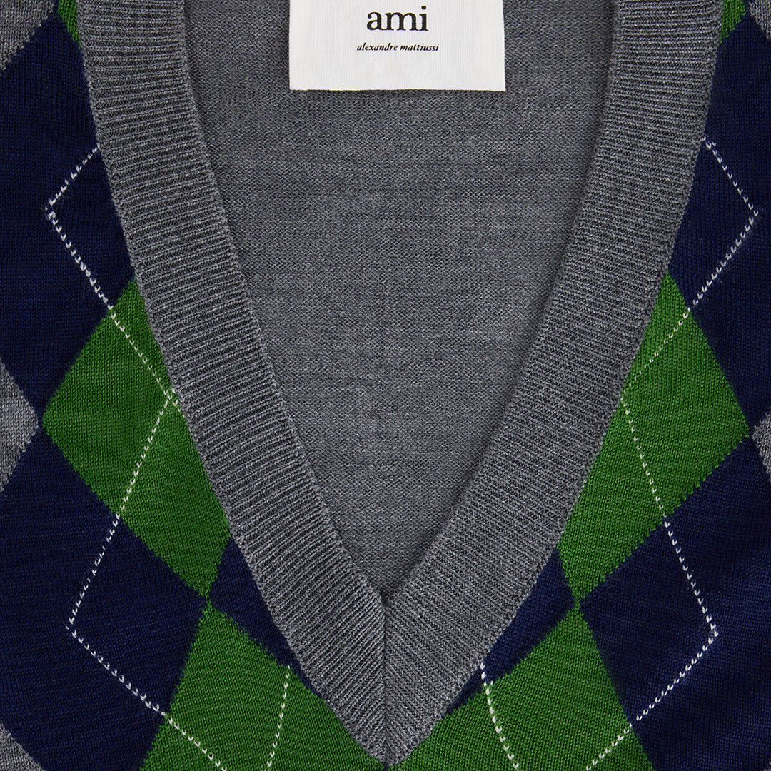 Pull sans manches à motif argyle en laine - Heather Grey & Navy & Green