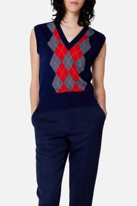 Pull sans manches à motif argyle en laine - Navy & Heather Grey & Red