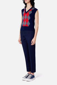 Pull sans manches à motif argyle en laine - Navy & Heather Grey & Red