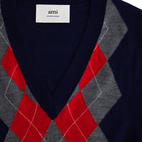 Pull sans manches à motif argyle en laine - Navy & Heather Grey & Red