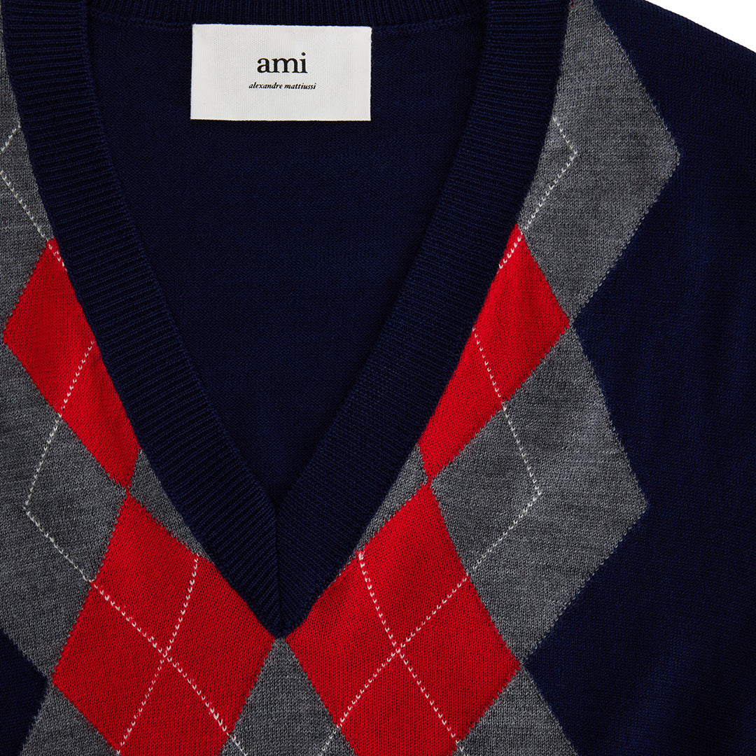 Pull sans manches à motif argyle en laine - Navy & Heather Grey & Red