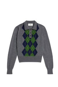 Polo à manches longues et motif argyle en laine - Heather Grey & Navy & Green