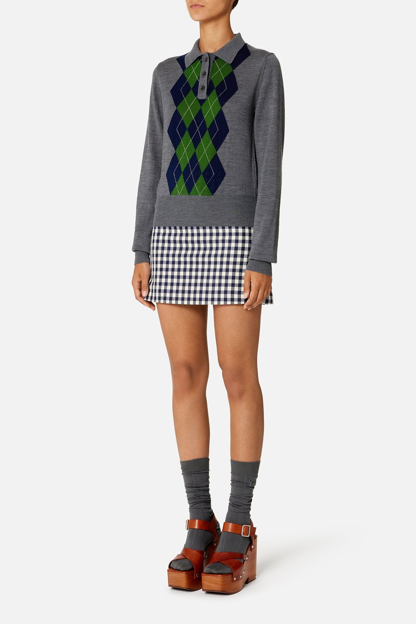 Polo à manches longues et motif argyle en laine - Heather Grey & Navy & Green