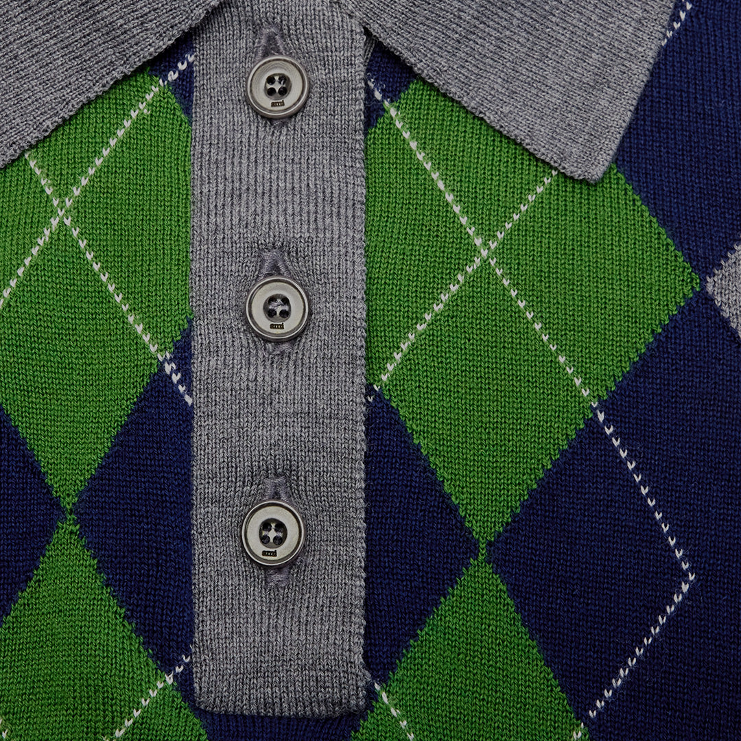 Polo à manches longues et motif argyle en laine - Heather Grey & Navy & Green
