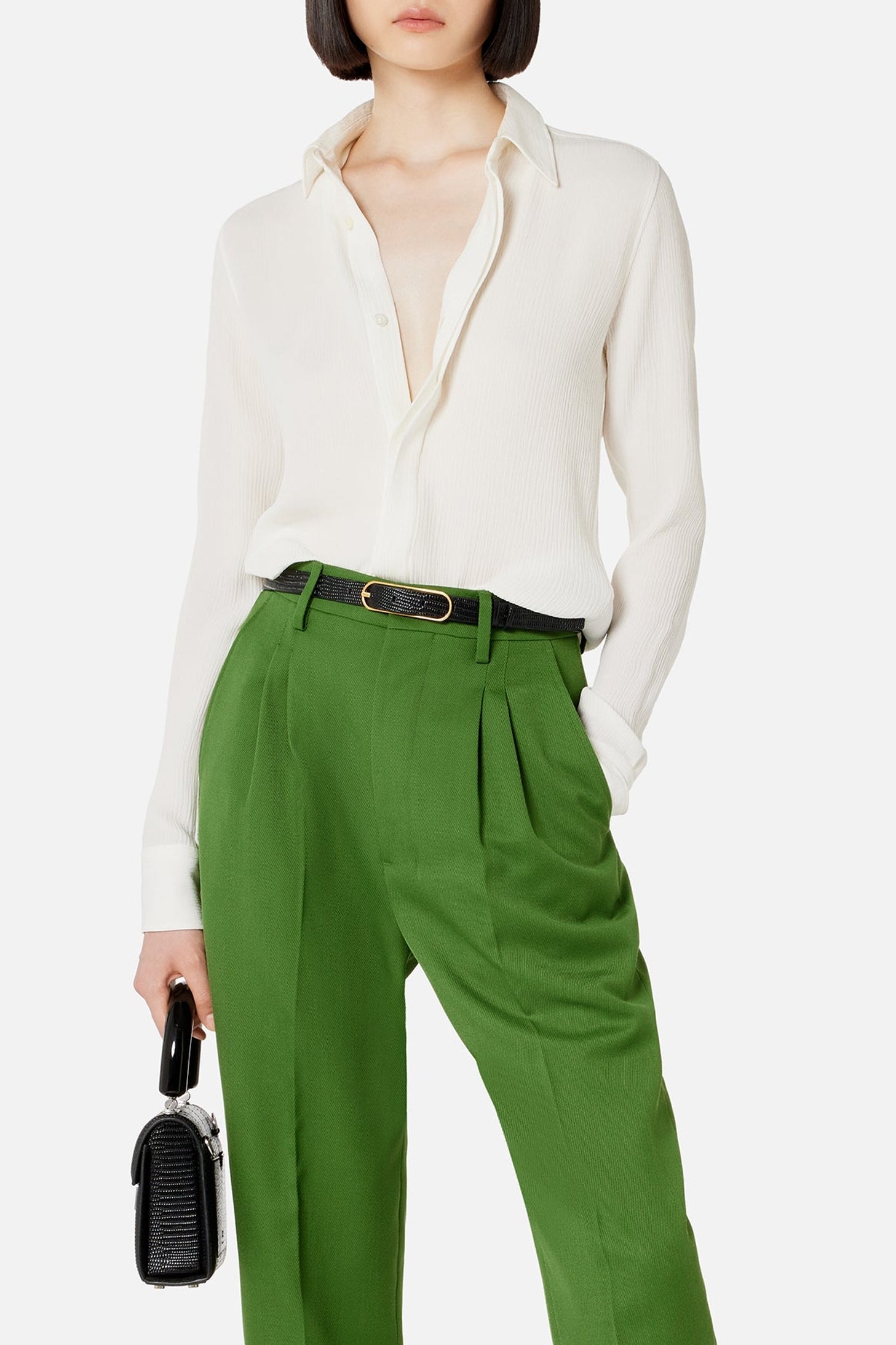 Chemise ajustée à poignets boutonnés en soie - Natural White