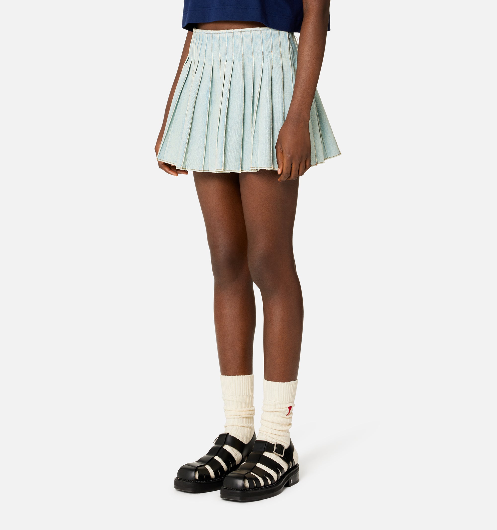 Jupe courte plissée en denim - Bleached Blue