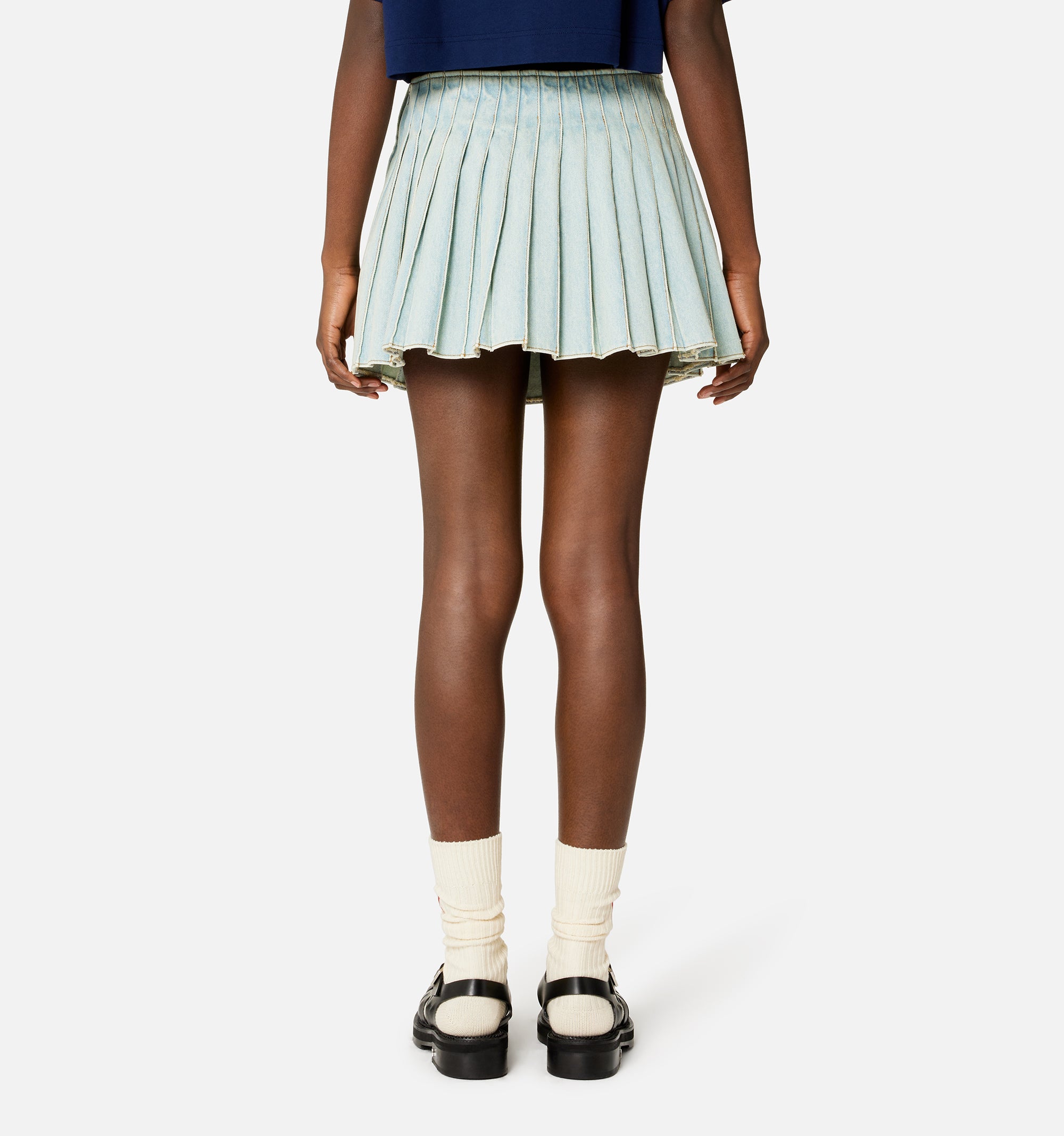 Jupe courte plissée en denim - Bleached Blue