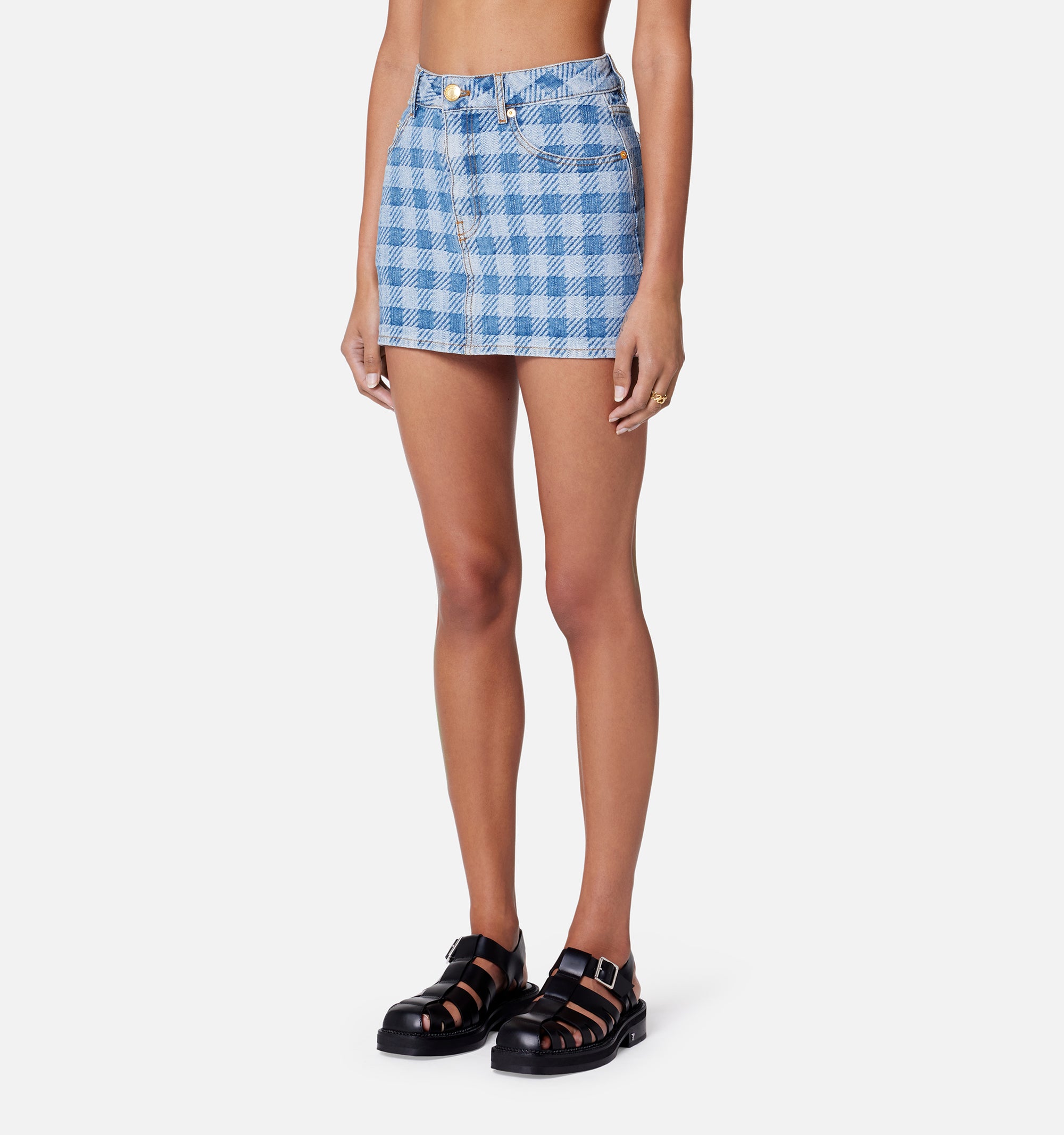 Jupe courte à motif vichy en denim - Bleached Blue