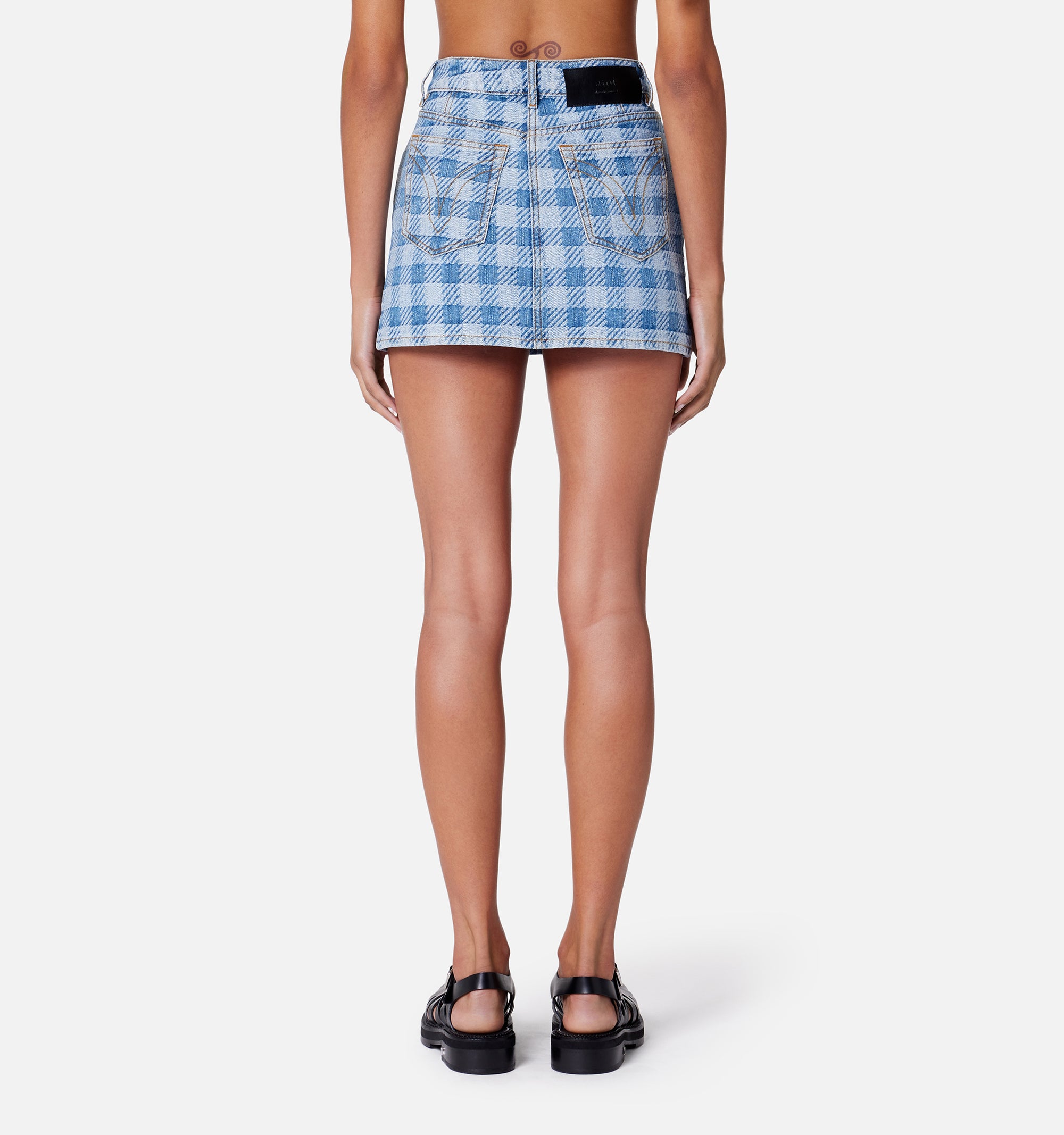 Jupe courte à motif vichy en denim - Bleached Blue