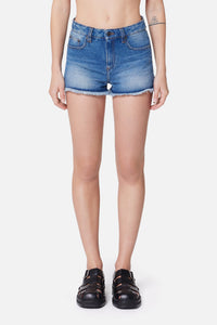 Short effiloché en denim - Used Blue