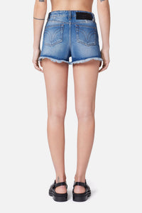 Short effiloché en denim - Used Blue