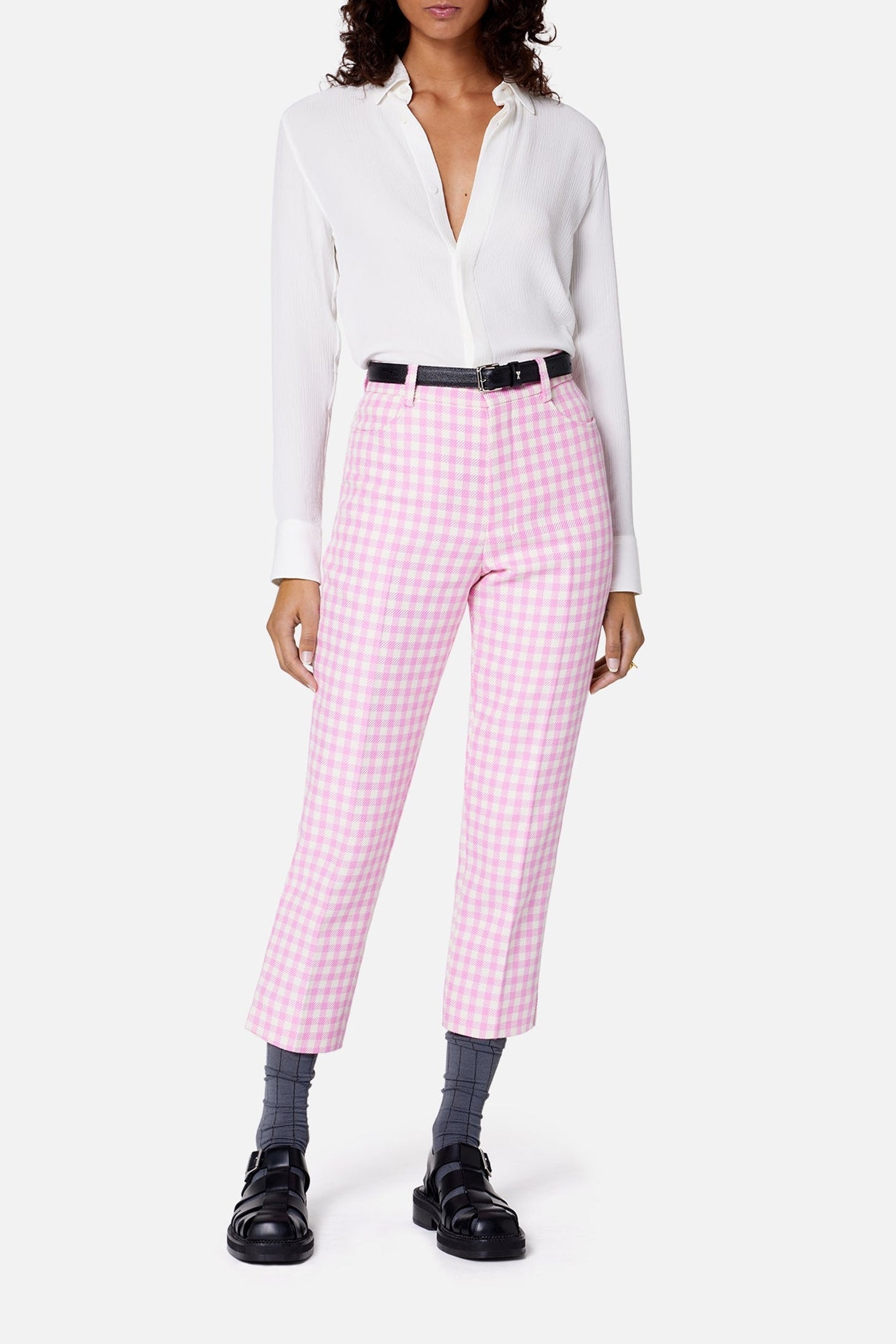 Pantalon cigarette à motif vichy en laine mélangée - Candy Pink & White