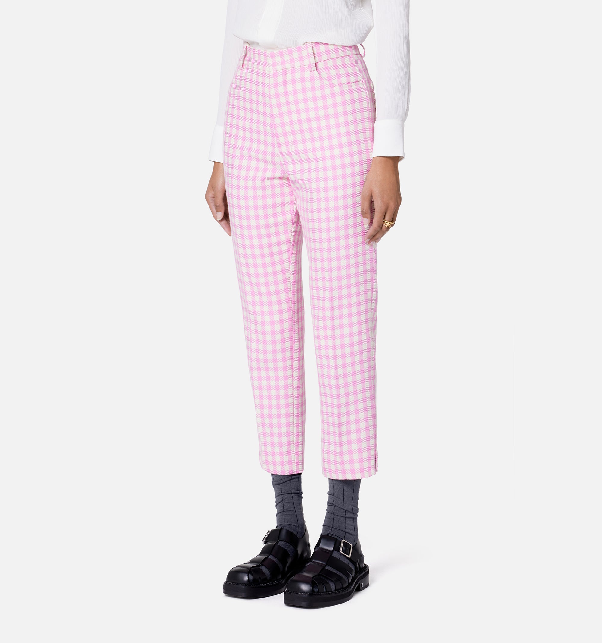 Pantalon cigarette à motif vichy en laine mélangée - Candy Pink & Natural White