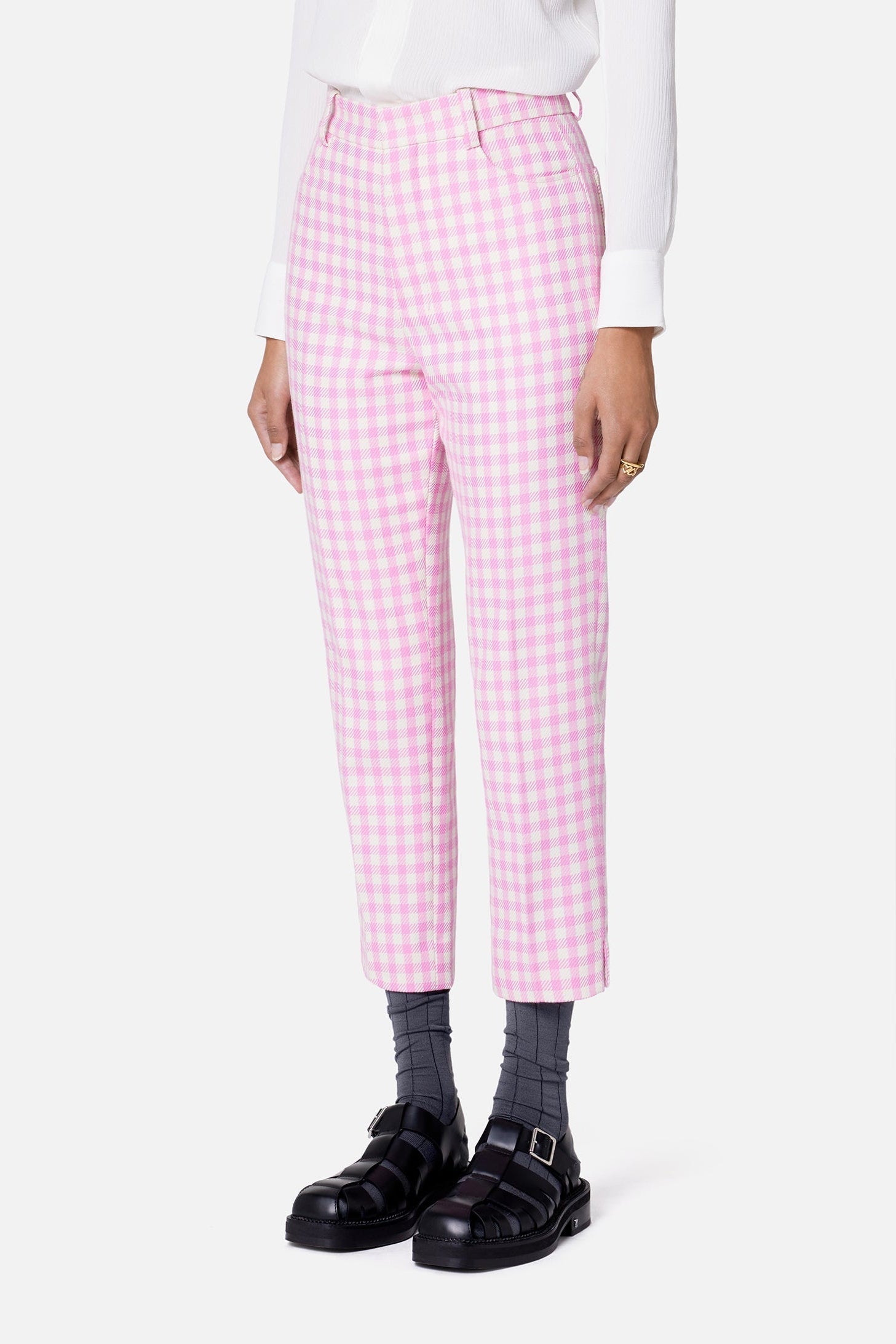 Pantalon cigarette à motif vichy en laine mélangée - Candy Pink & White