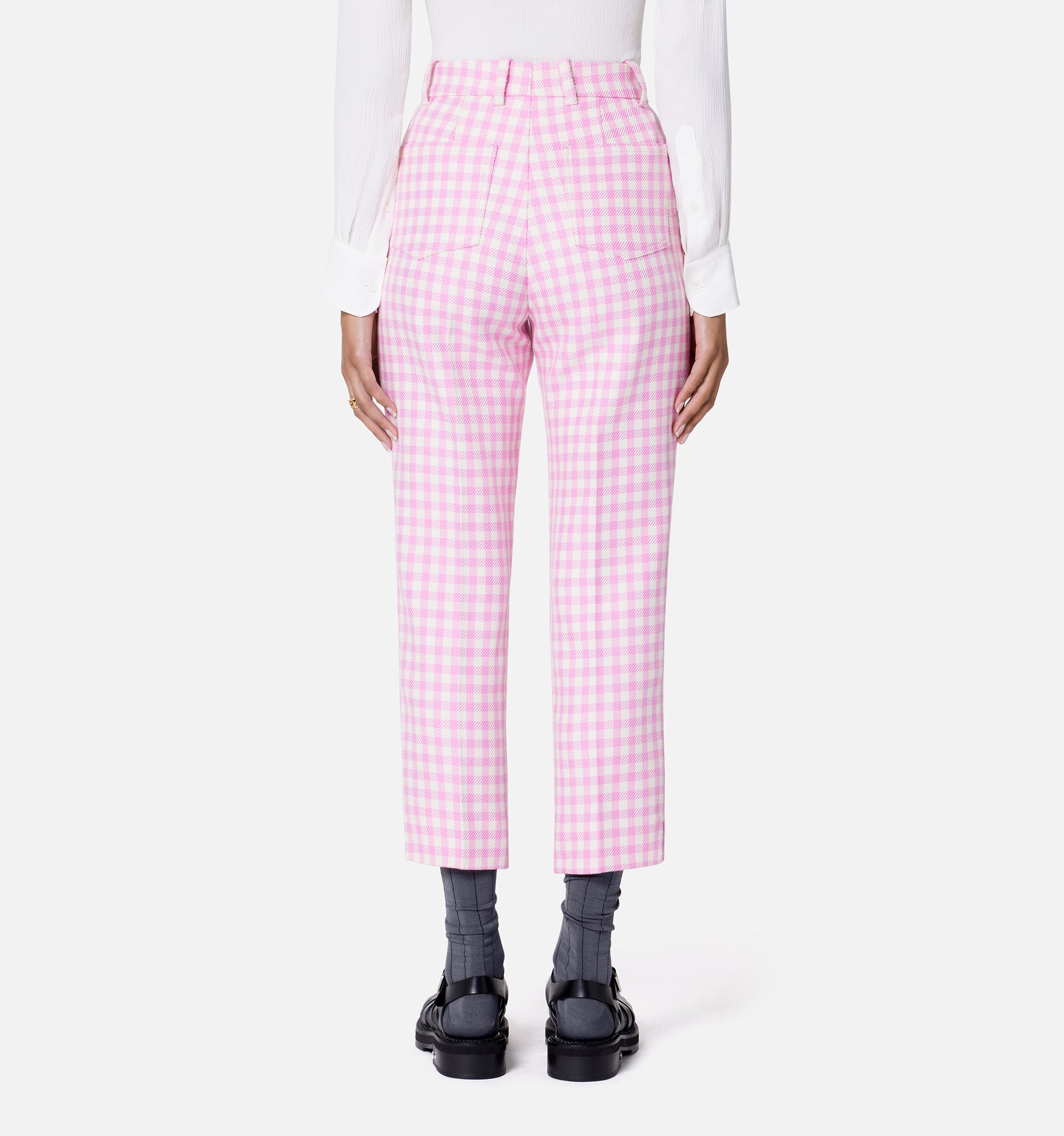 Pantalon cigarette à motif vichy en laine mélangée - Candy Pink & Natural White