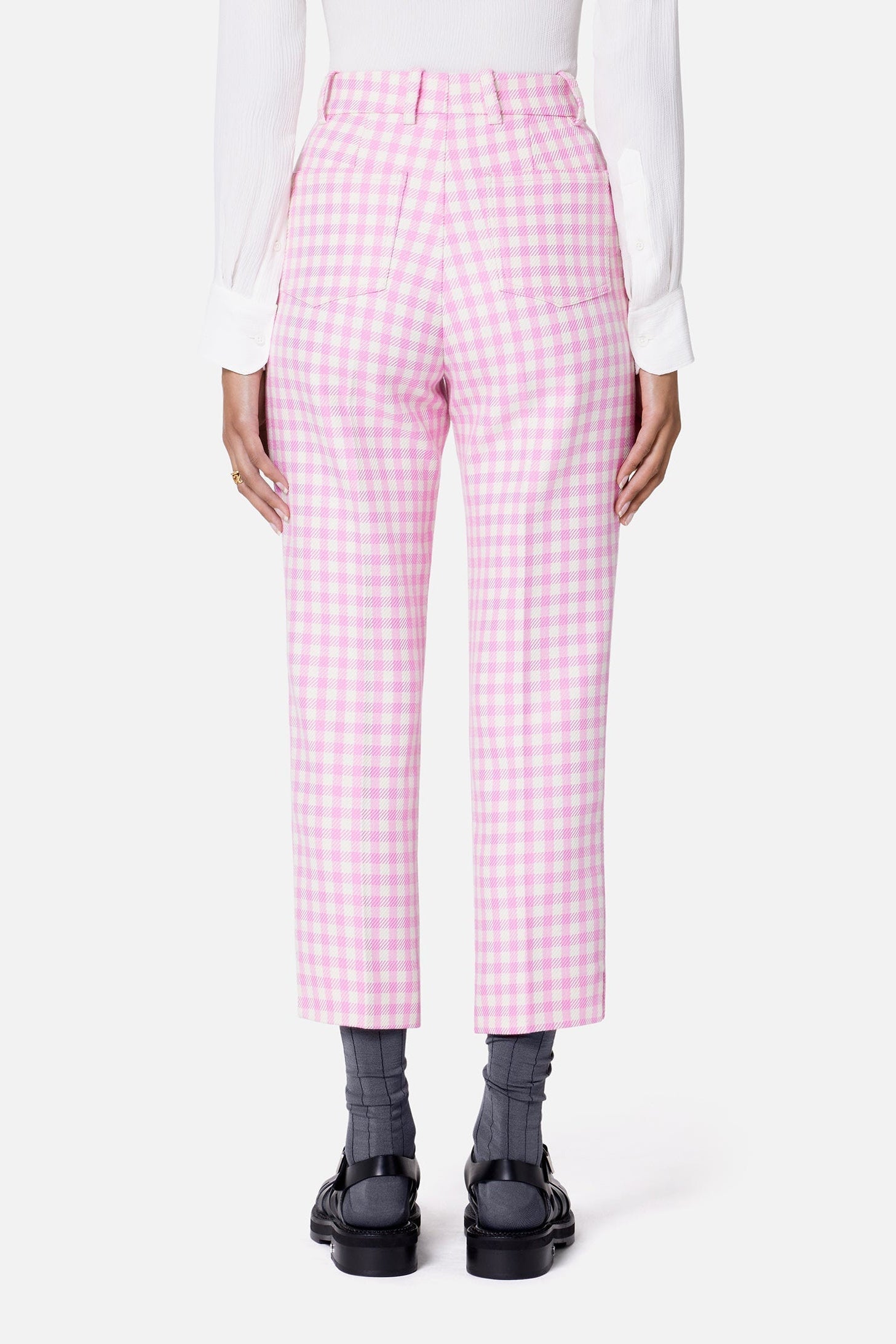 Pantalon cigarette à motif vichy en laine mélangée - Candy Pink & White
