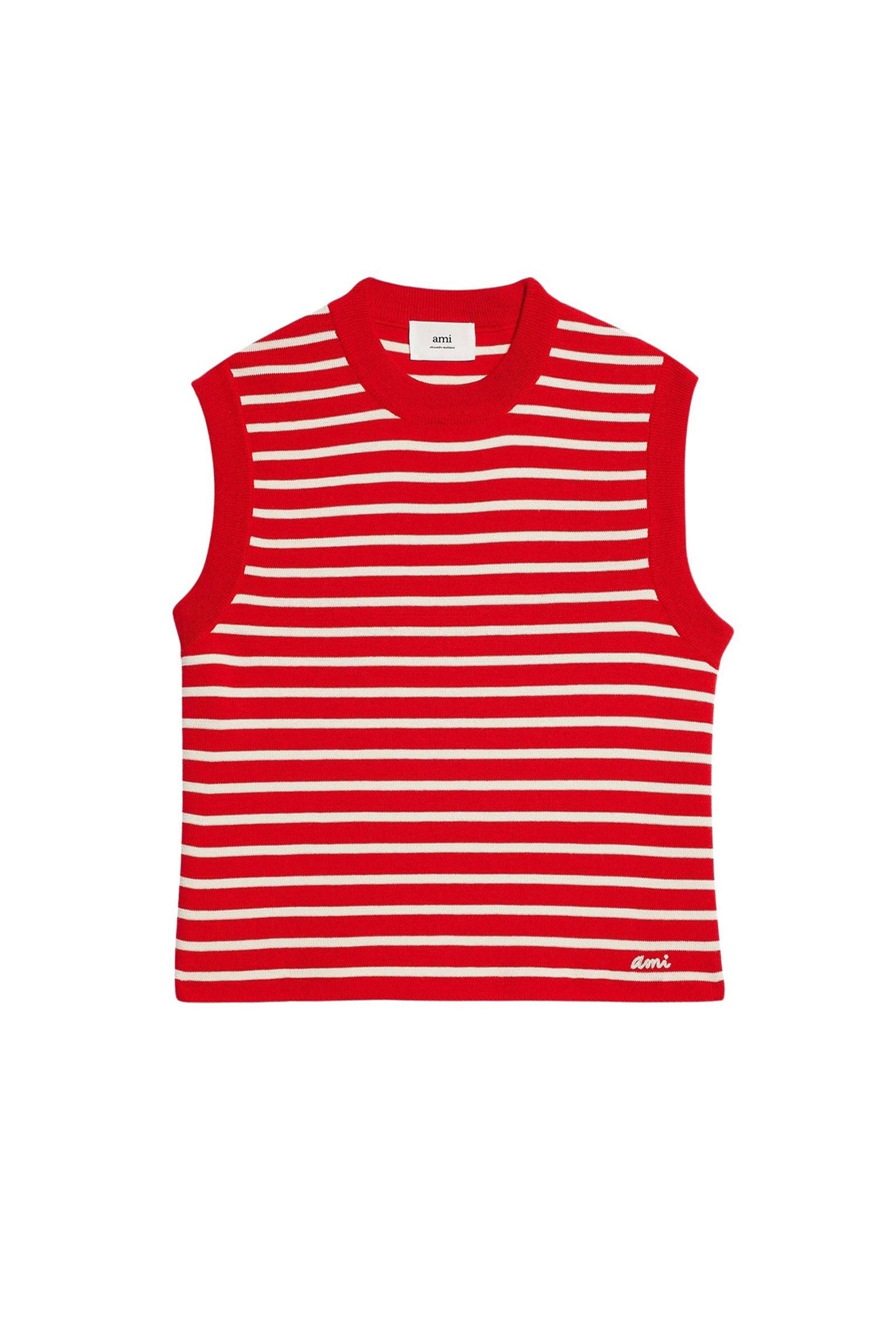 Pull sans manches à rayures en laine - Scarlet Red & Natural White