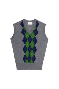 Pull sans manches à motif argyle en laine - Heather Grey & Navy & Green