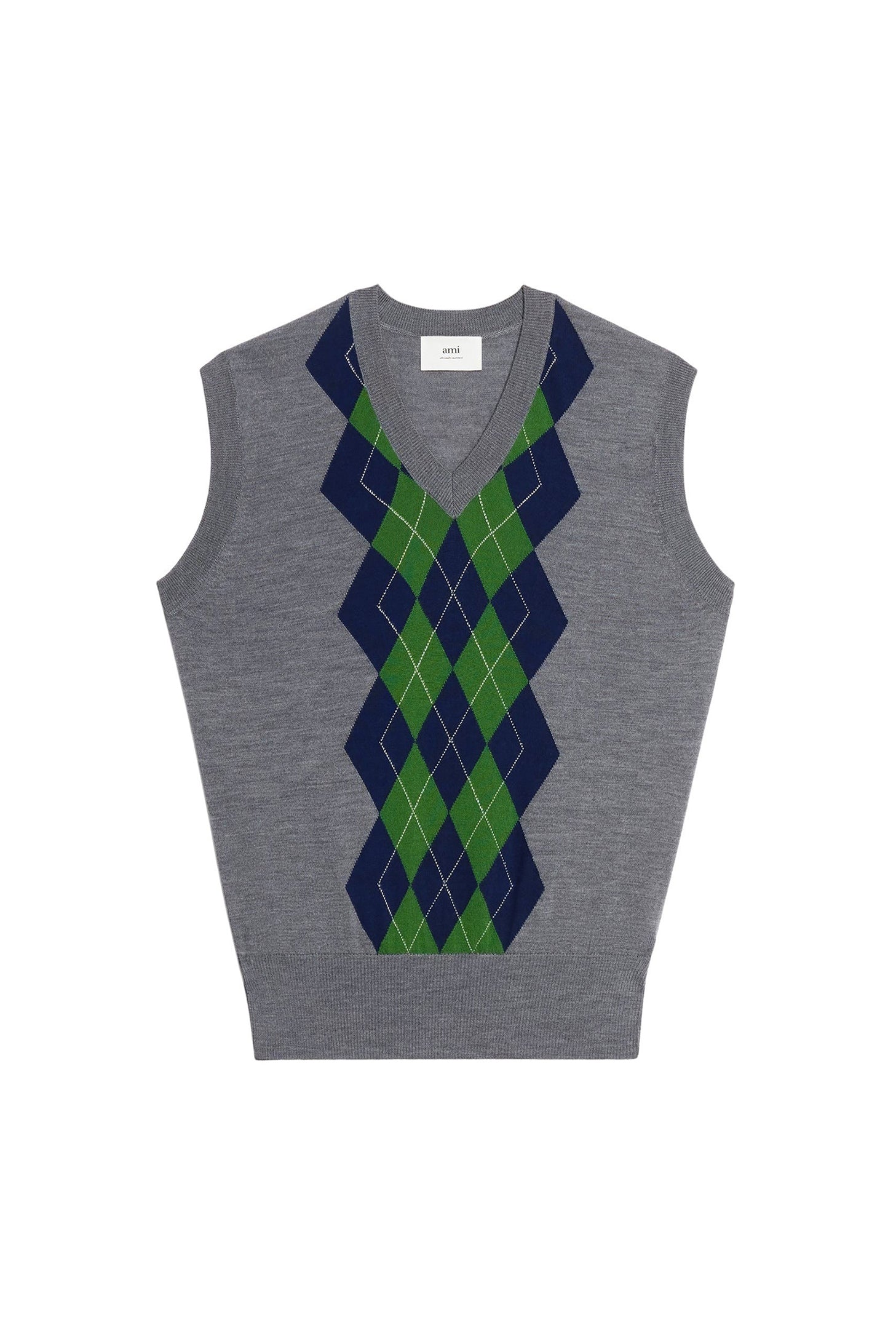 Pull sans manches à motif argyle en laine - Heather Grey & Navy & Green