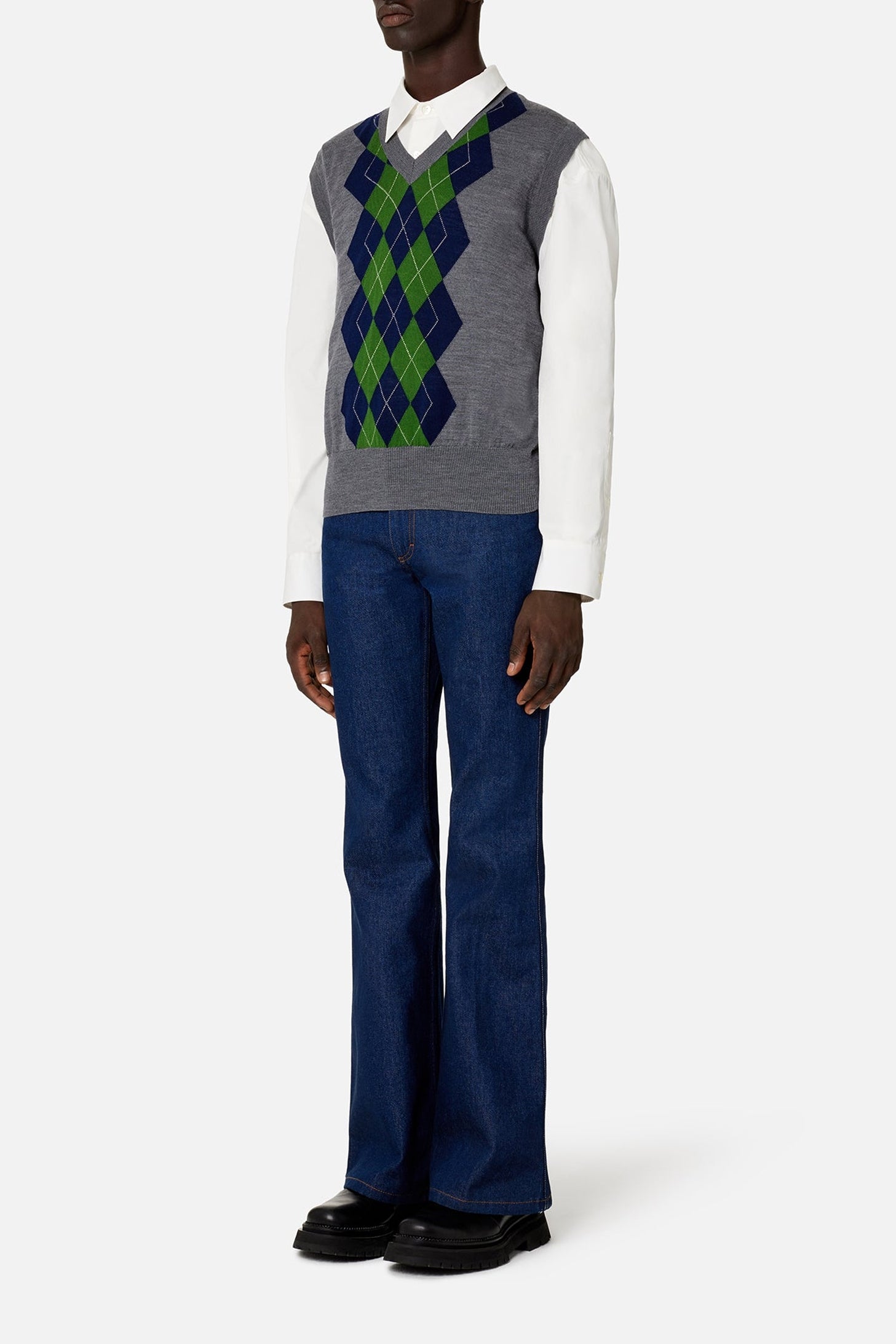 Pull sans manches à motif argyle en laine - Heather Grey & Navy & Green