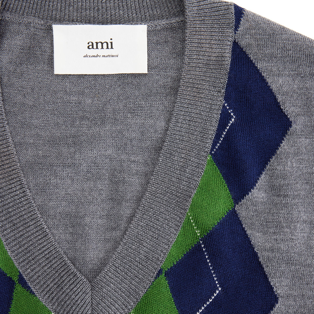Pull sans manches à motif argyle en laine - Heather Grey & Navy & Green