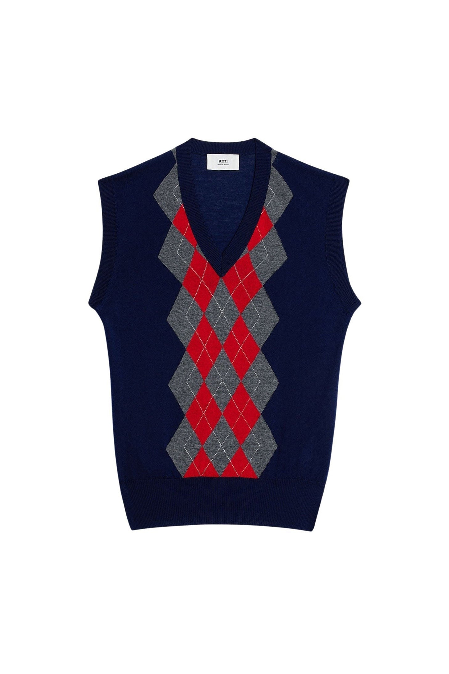 Pull sans manches à motif argyle en laine - Navy & Heather Grey & Red