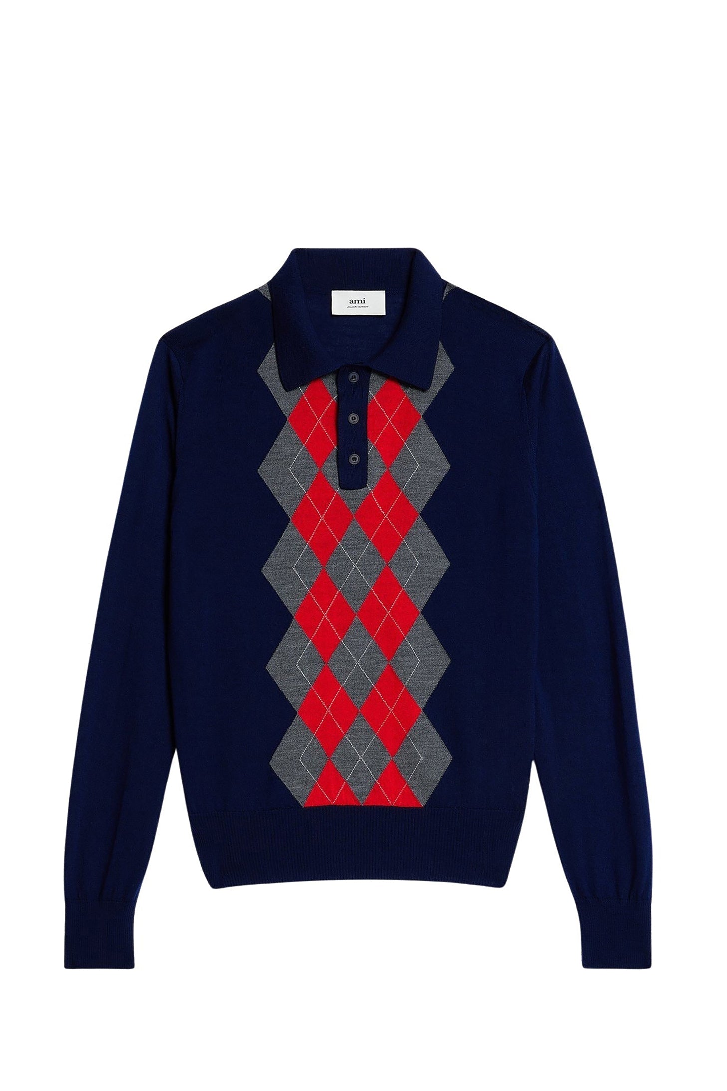 Pull à motif argyle en laine - Navy & Heather Grey & Red