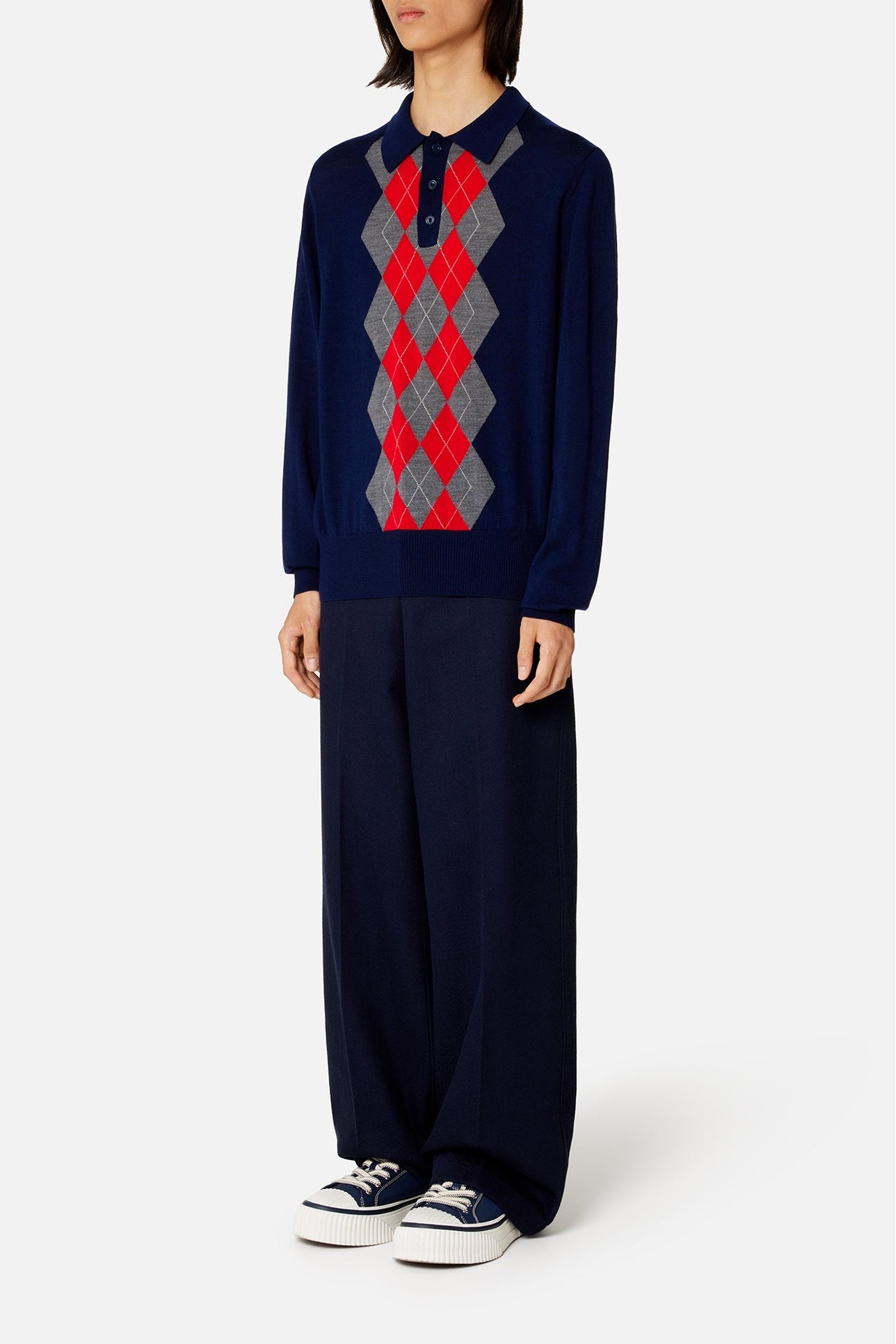 Pull à motif argyle en laine - Navy & Heather Grey & Red